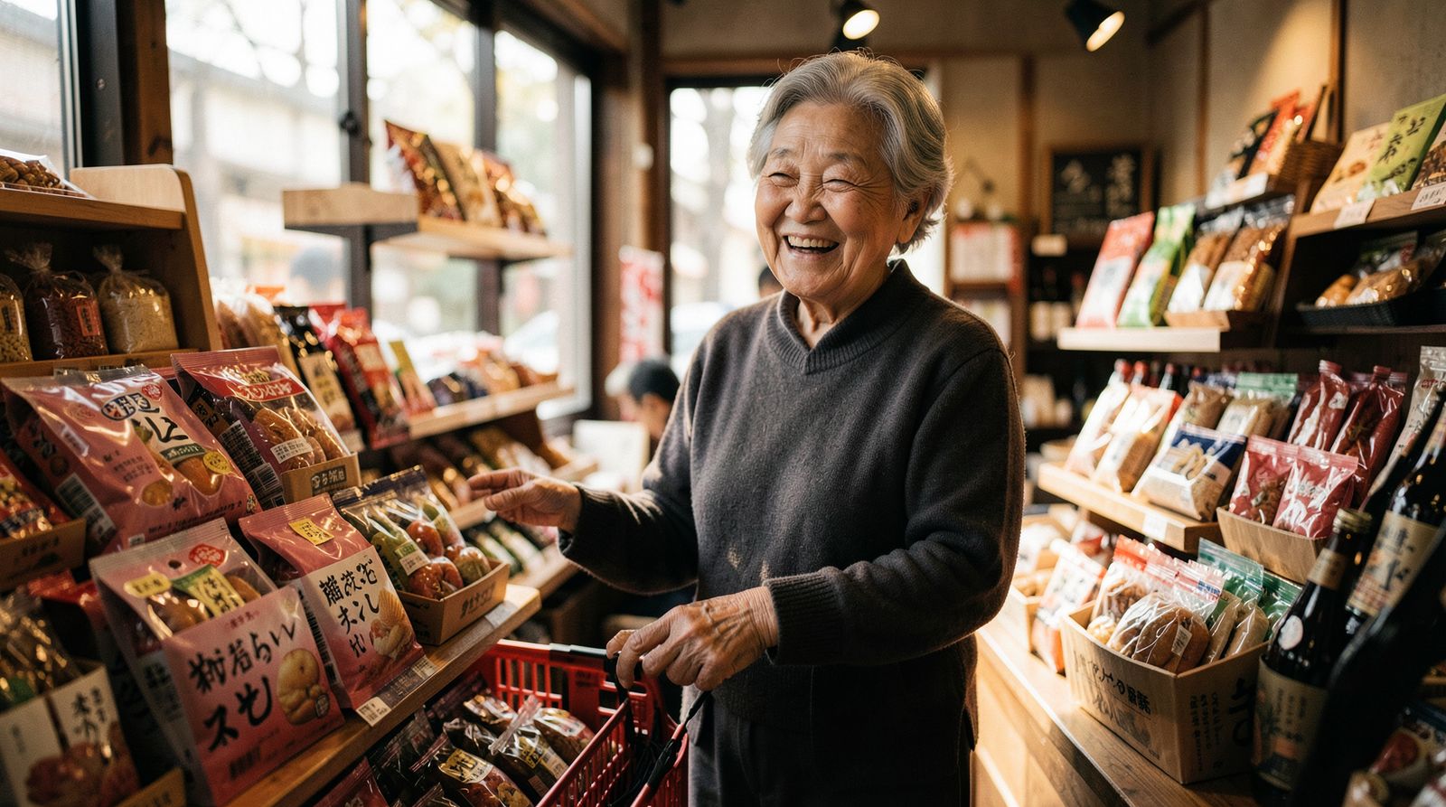 シニアの人が笑顔で買い物をしている様子