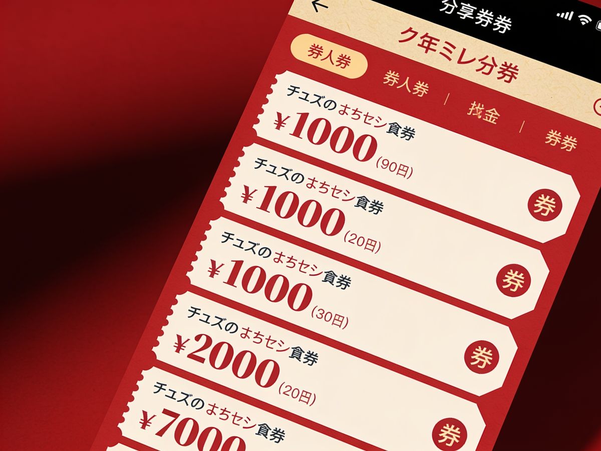 徳買いのクーポン一覧画面のスクリーンショット。大きな文字でクーポンが一覧表示されている