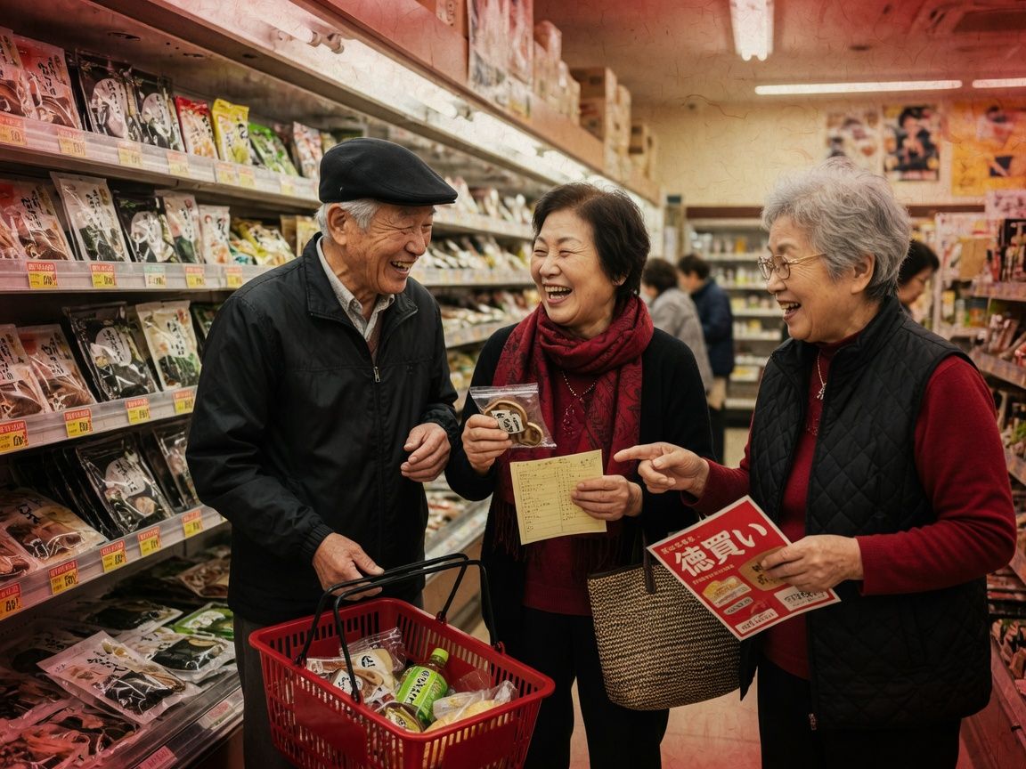 徳買いを利用したシニアの方々が笑顔でお買い物している様子